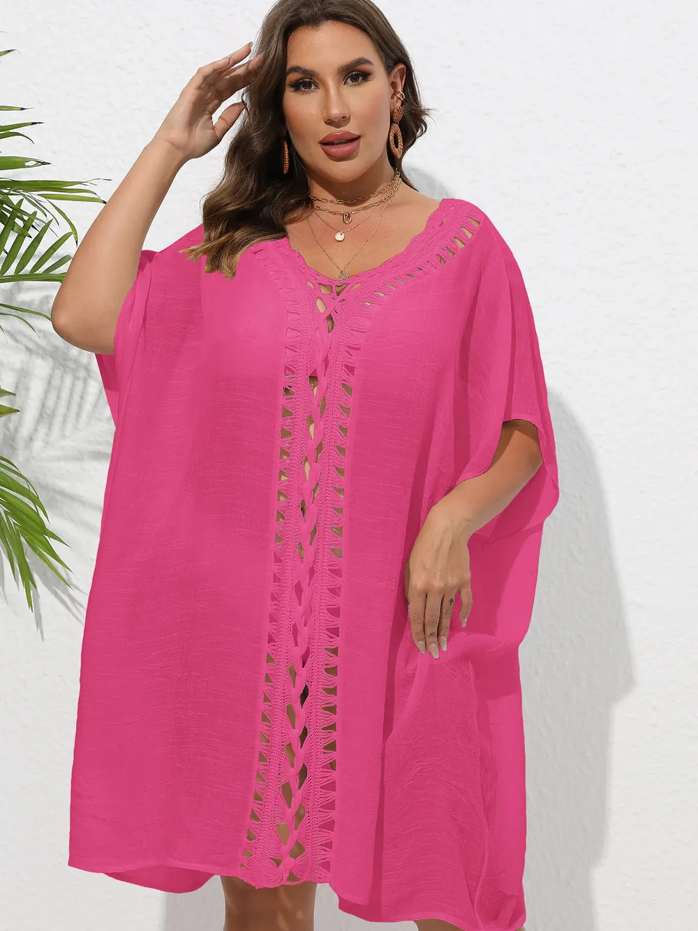 Crochet Trim V-Neck Beach Cover Up Dress, image 39