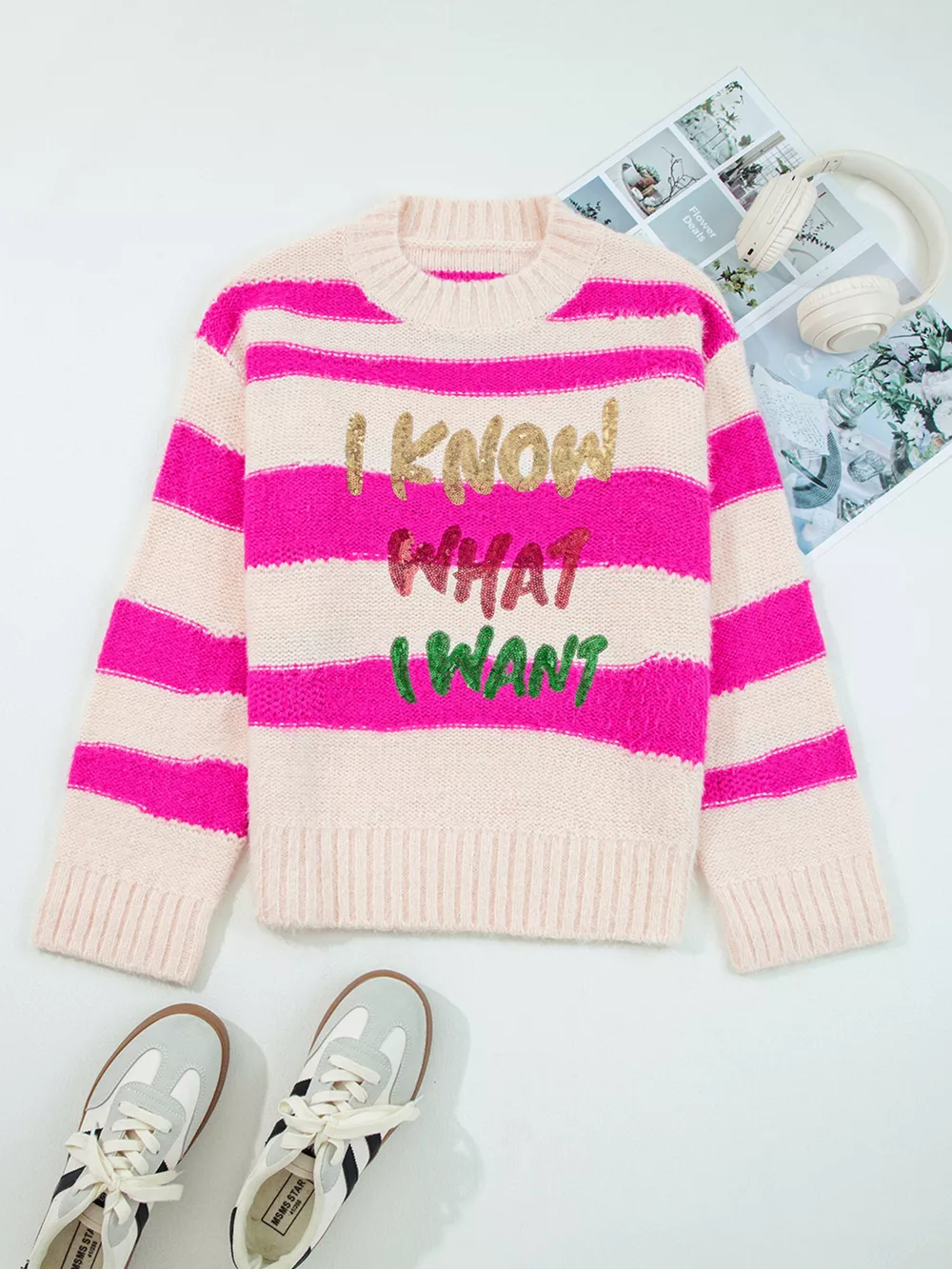 Sequin Letter Graphic Colorblock Loose Sweater, image 10