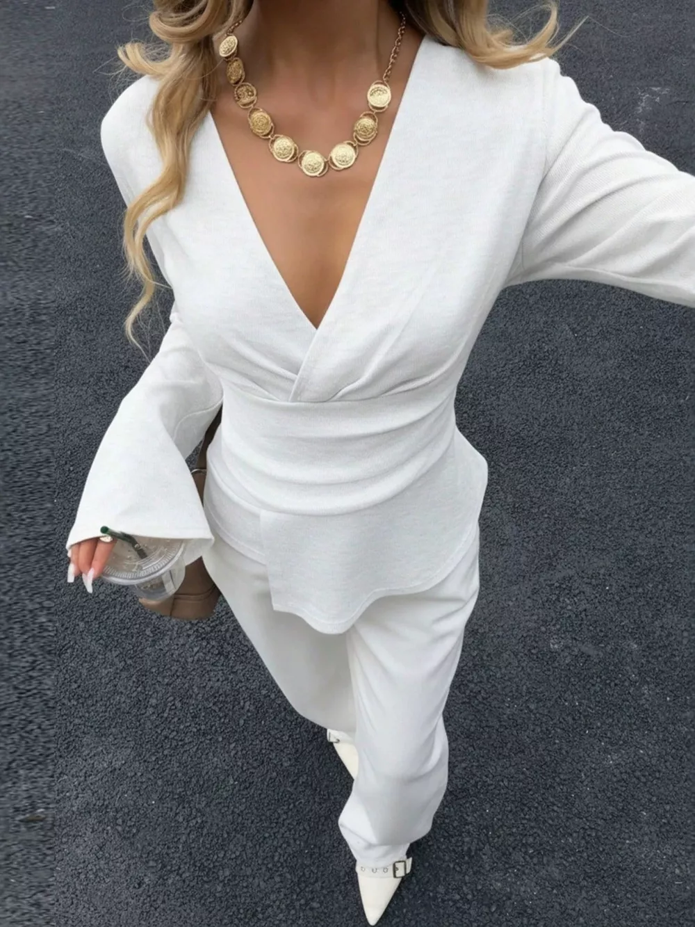 Elegant V-Neck Wrap Asymmetrical Blouse with Flared Sleeves, image 9
