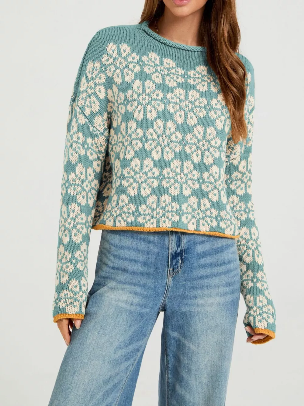 Floral Contrast Trim Dropped Shoulder Sweater, image 2