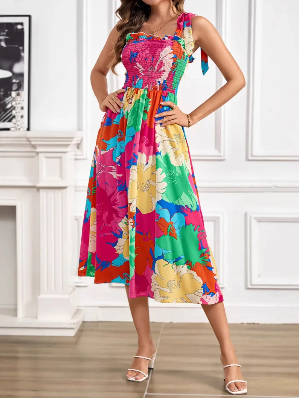 Smocked Printed Tie Shoulder Midi Dress, image 4