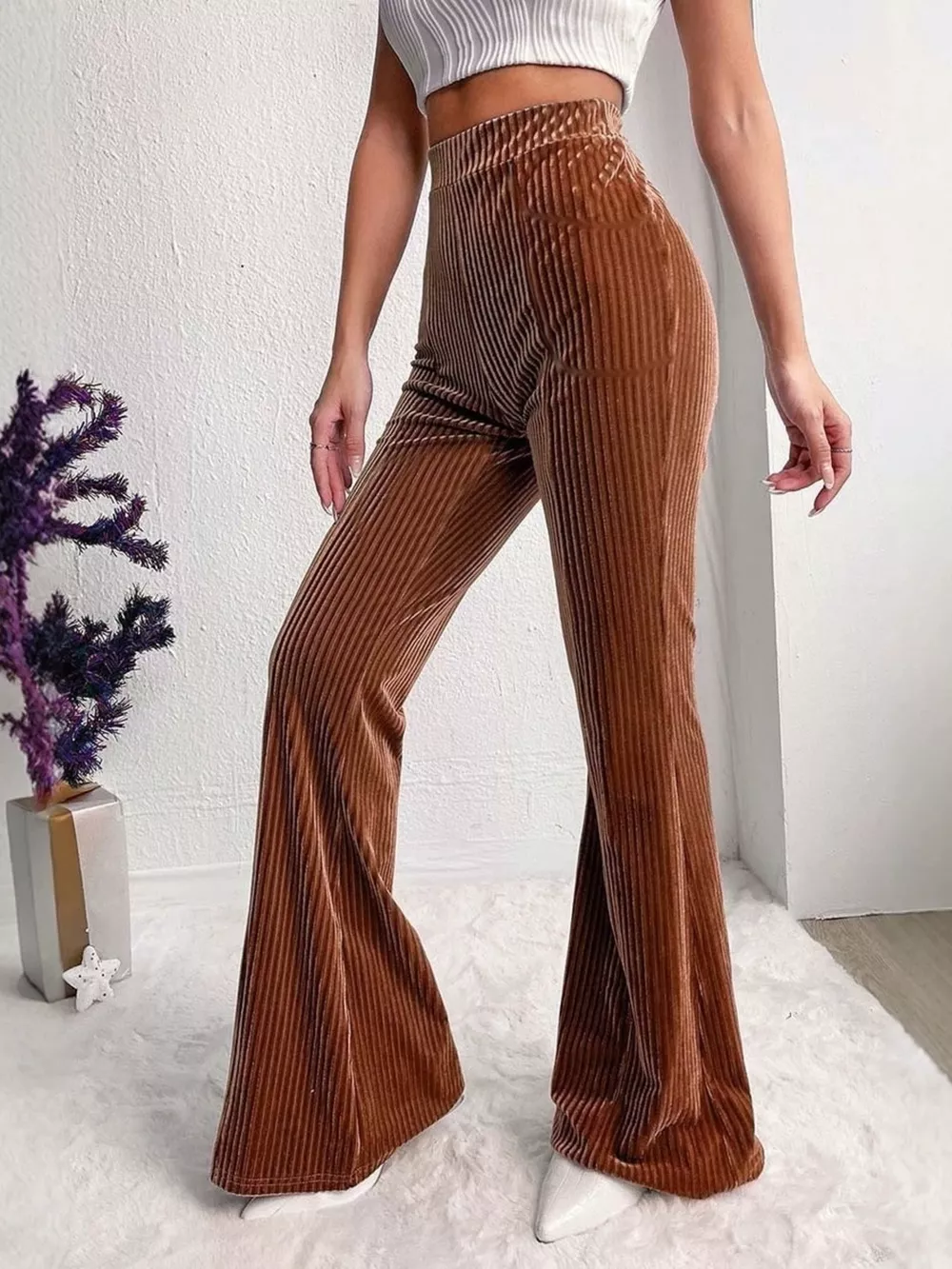 Full Size High-Waisted Velvet Flare Pants Plus Size, image 2