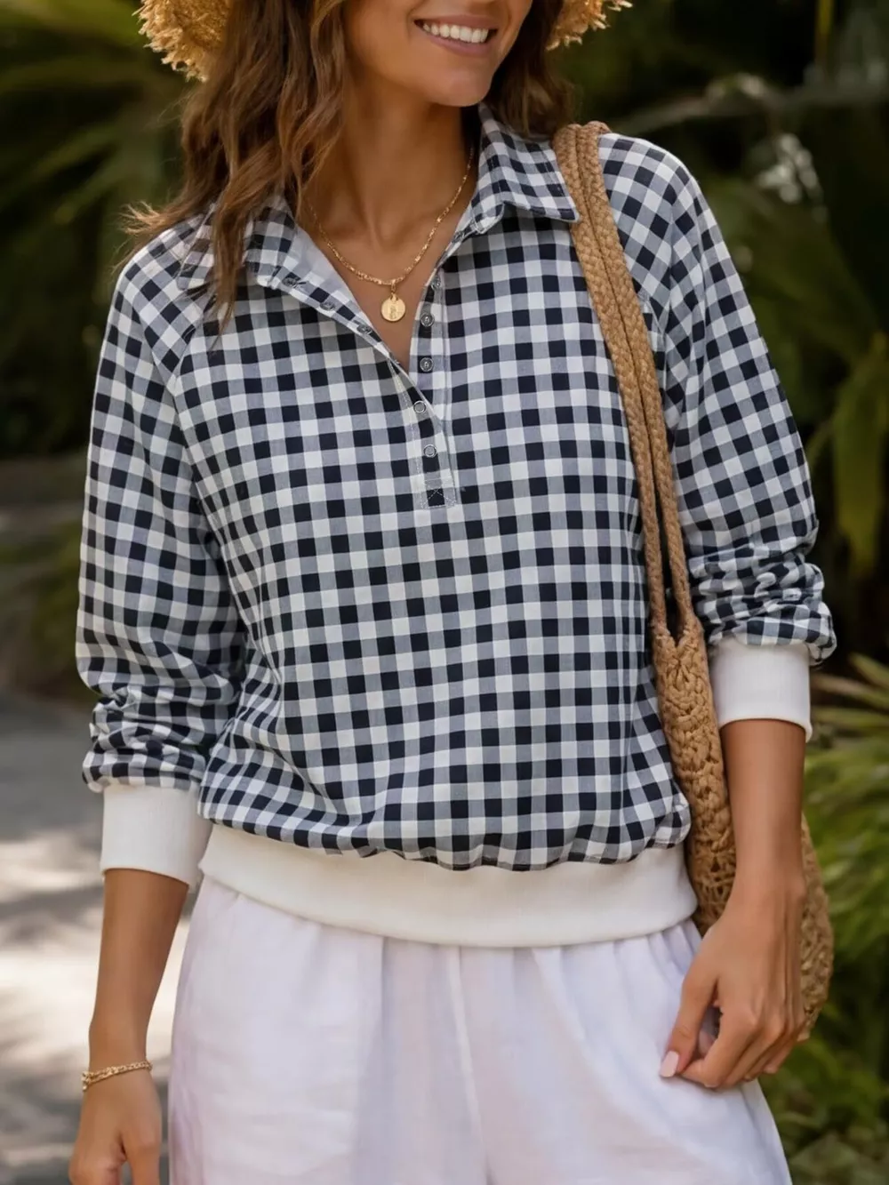 Gingham Plaid Collared Sweatshirt with Ribbed Hem, image 4