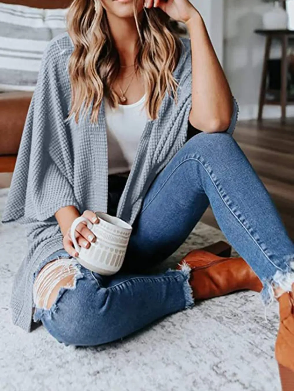 Full Size Open Front Waffle Knit Cardigan Plus Size, image 33