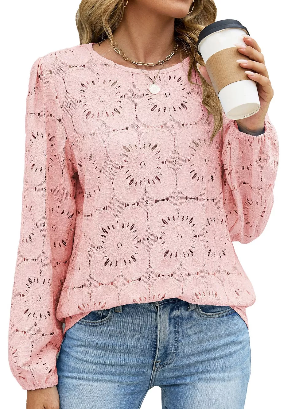 Floral Eyelet Lace Long Sleeve Blouse, image 24