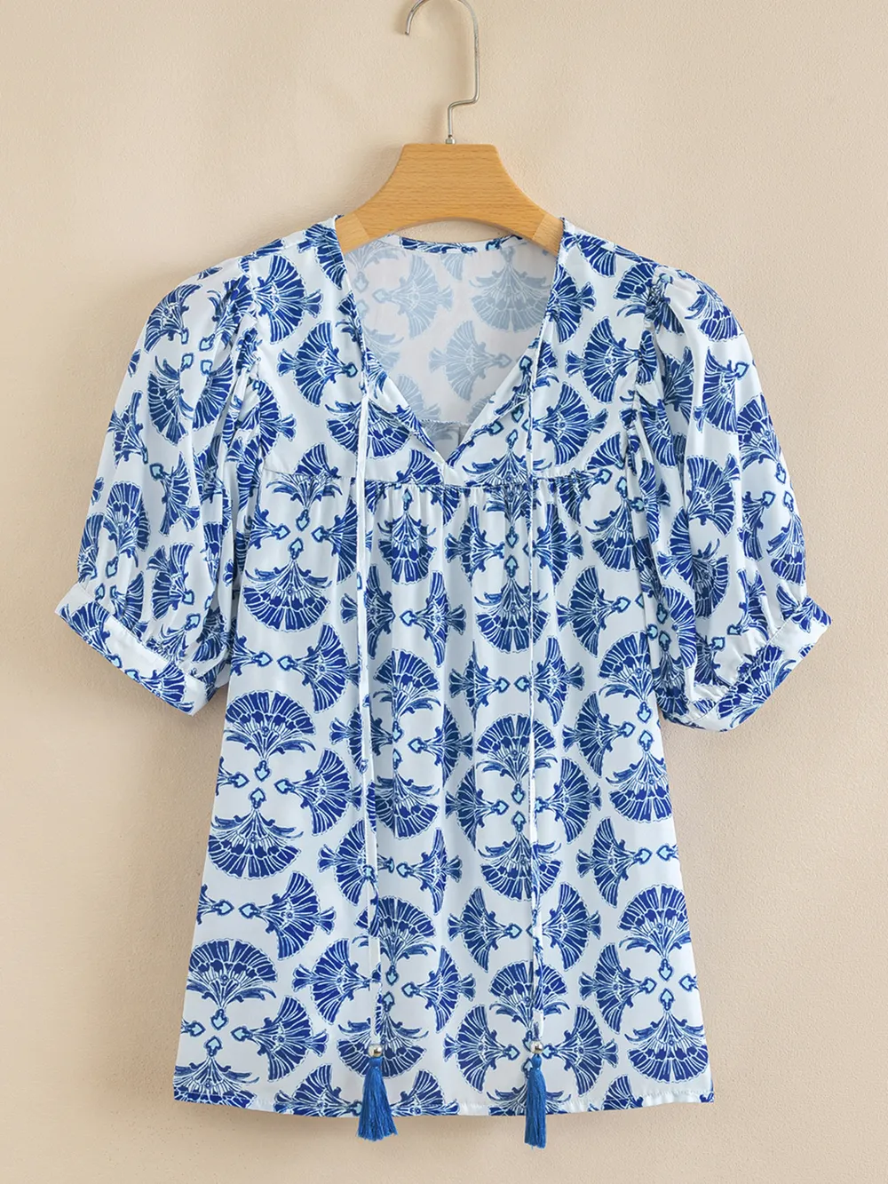 Printed Tassel Tie Neck Blouse, image 6