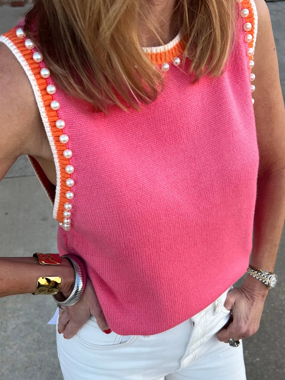 Contrast Trim Pearl Detail Sweater Tank Top