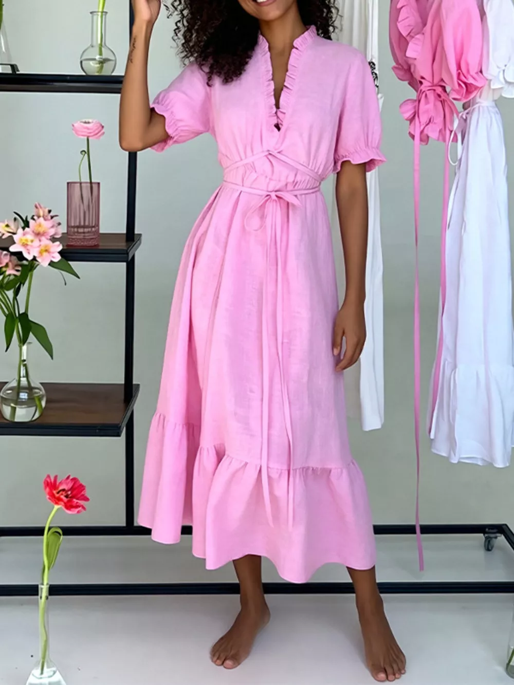 Full Size Puff Sleeve Ruffle Trim Maxi Dress Plus Size, image 6