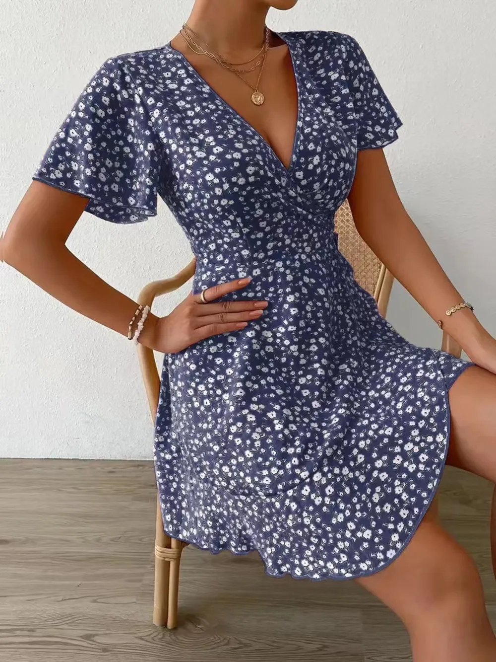 Floral Flutter Sleeve Wrap Mini Dress, image 14
