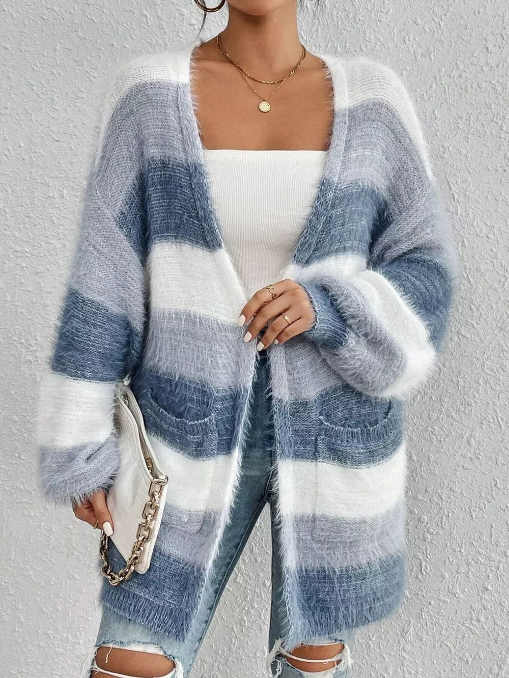 Striped Fuzzy Knit Open Front Cardigan, image 3
