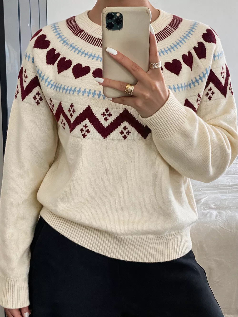 Heart-Patterned Crew Neck Sweater, image 6