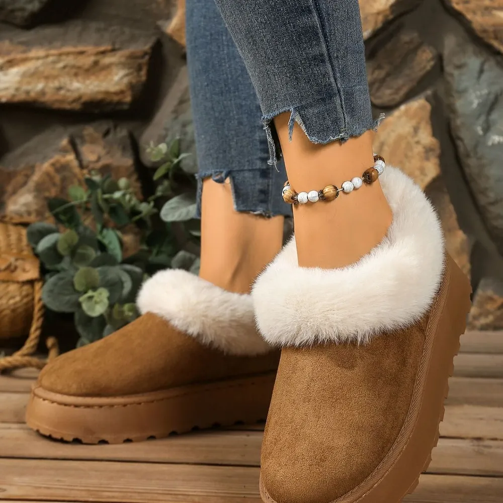 Fuzzy Trim Round Toe Platform Boots, image 5
