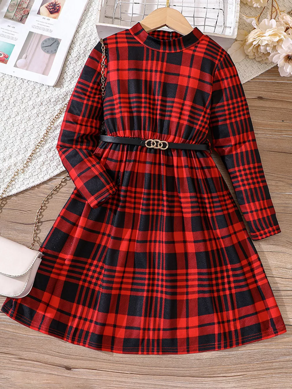Children's Plaid Print Long Sleeve Dress, image 7
