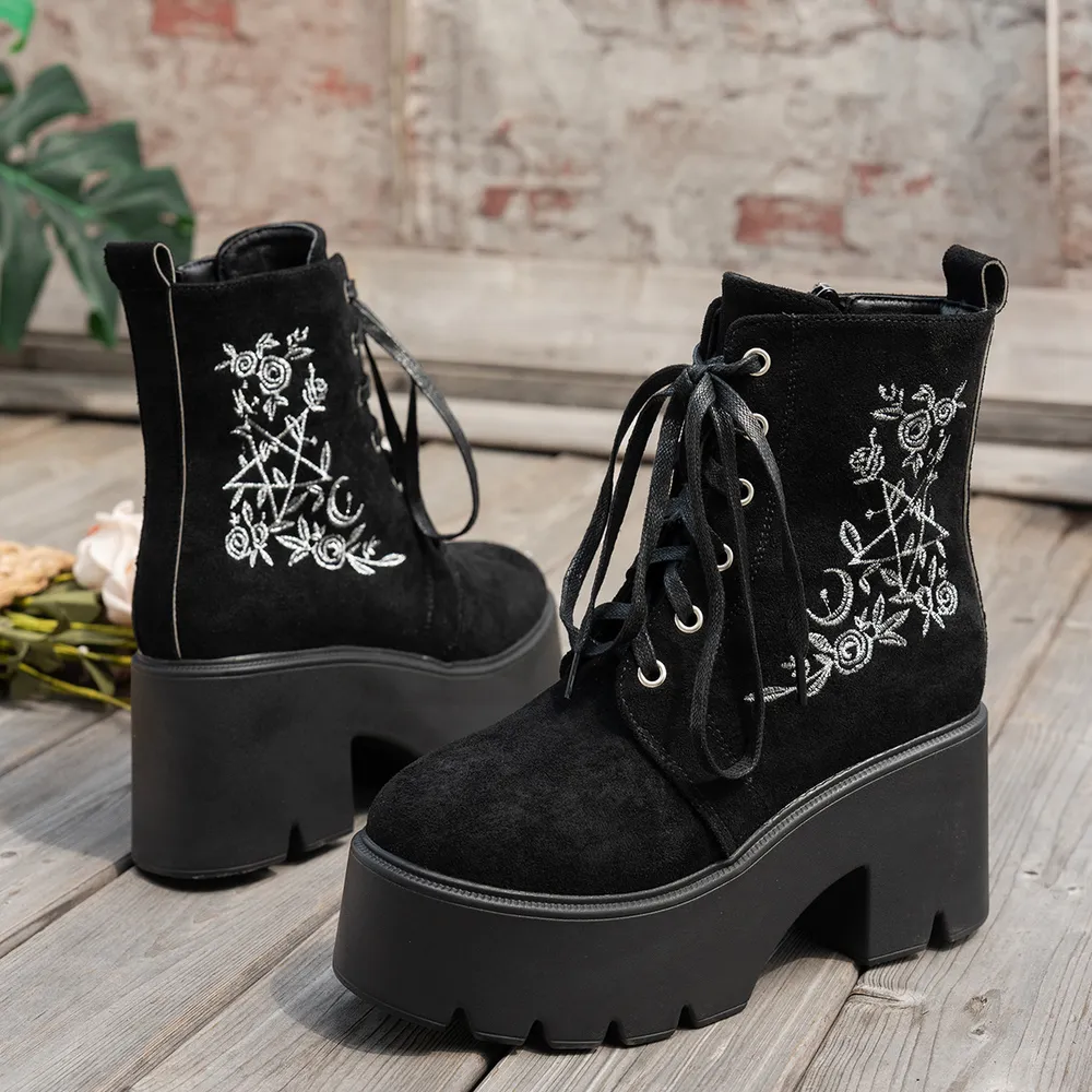 Floral Embroidered Platform Combat Boots, image 2