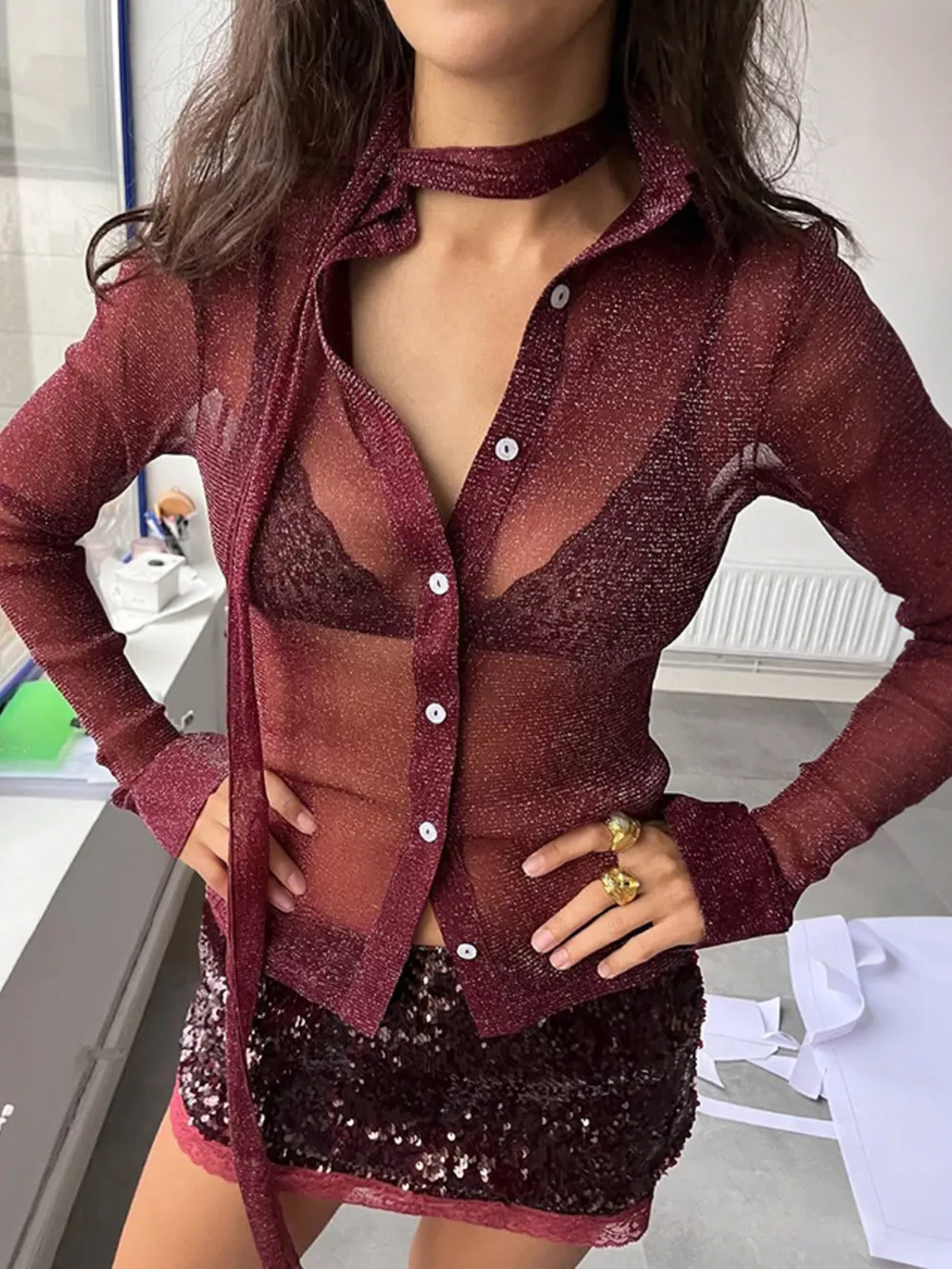 Button Down Long Sleeve Shirt with Scarf, image 3