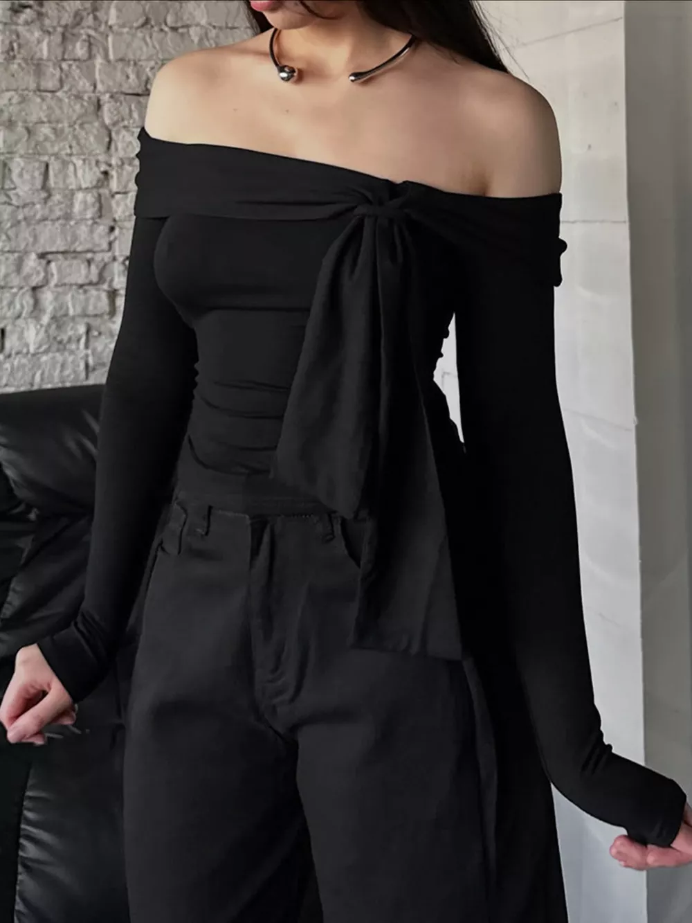 Off-Shoulder Tie-Front Long Sleeve Blouse