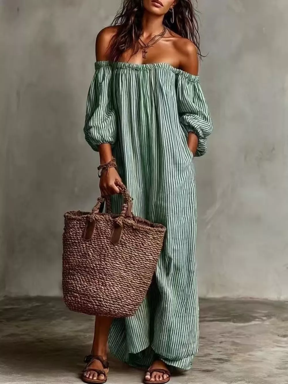 Full Size Off-Shoulder Striped Maxi Dress with Puff Sleeves Plus Size
