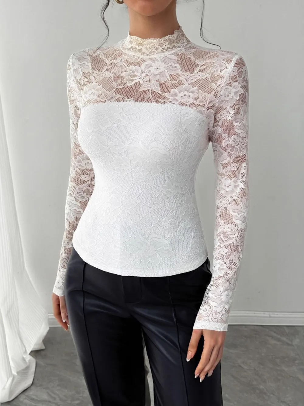 Mock Neck Long Sleeve Lace Top, image 5