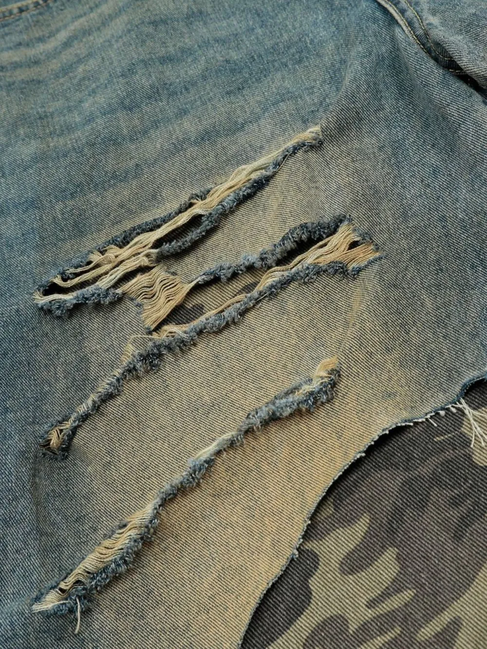 Men's Distressed Camo Patchwork Denim Shorts, image 9