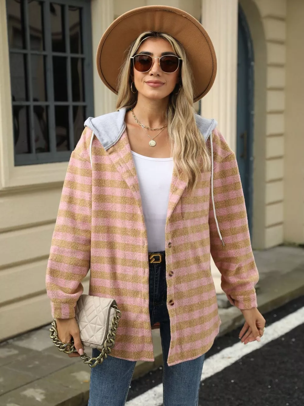 Plaid Button Up Long Sleeve Drawstring Hooded Jacket, image 13