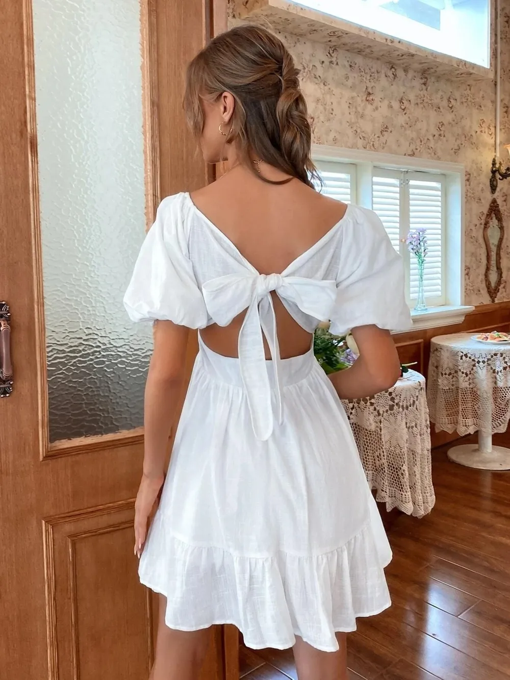 Square Neck Puff Sleeve Mini Dress, image 3