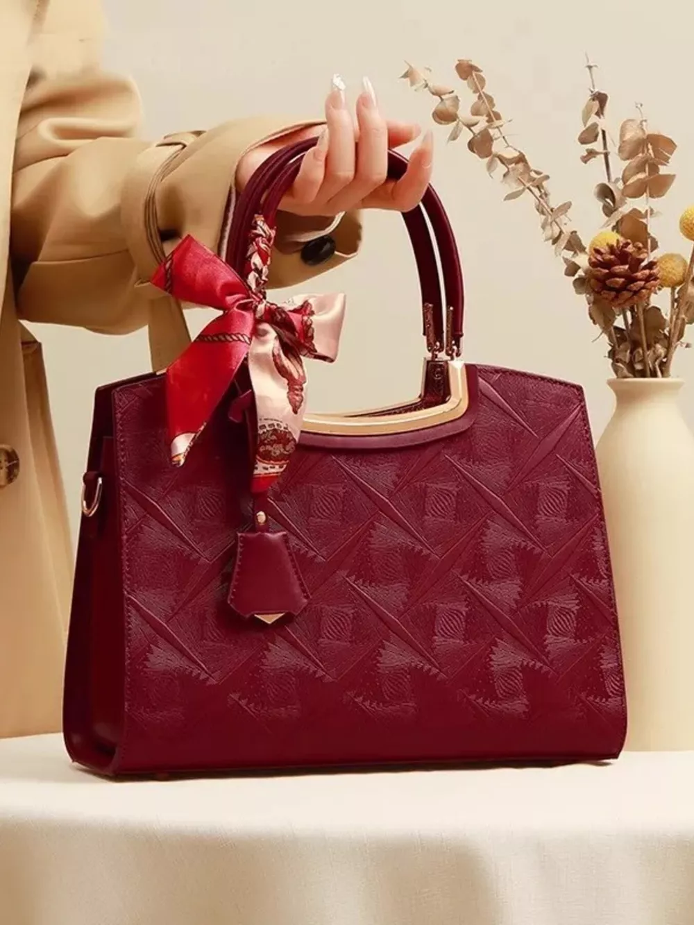 Embossed Leather Top Handle Handbag, image 2