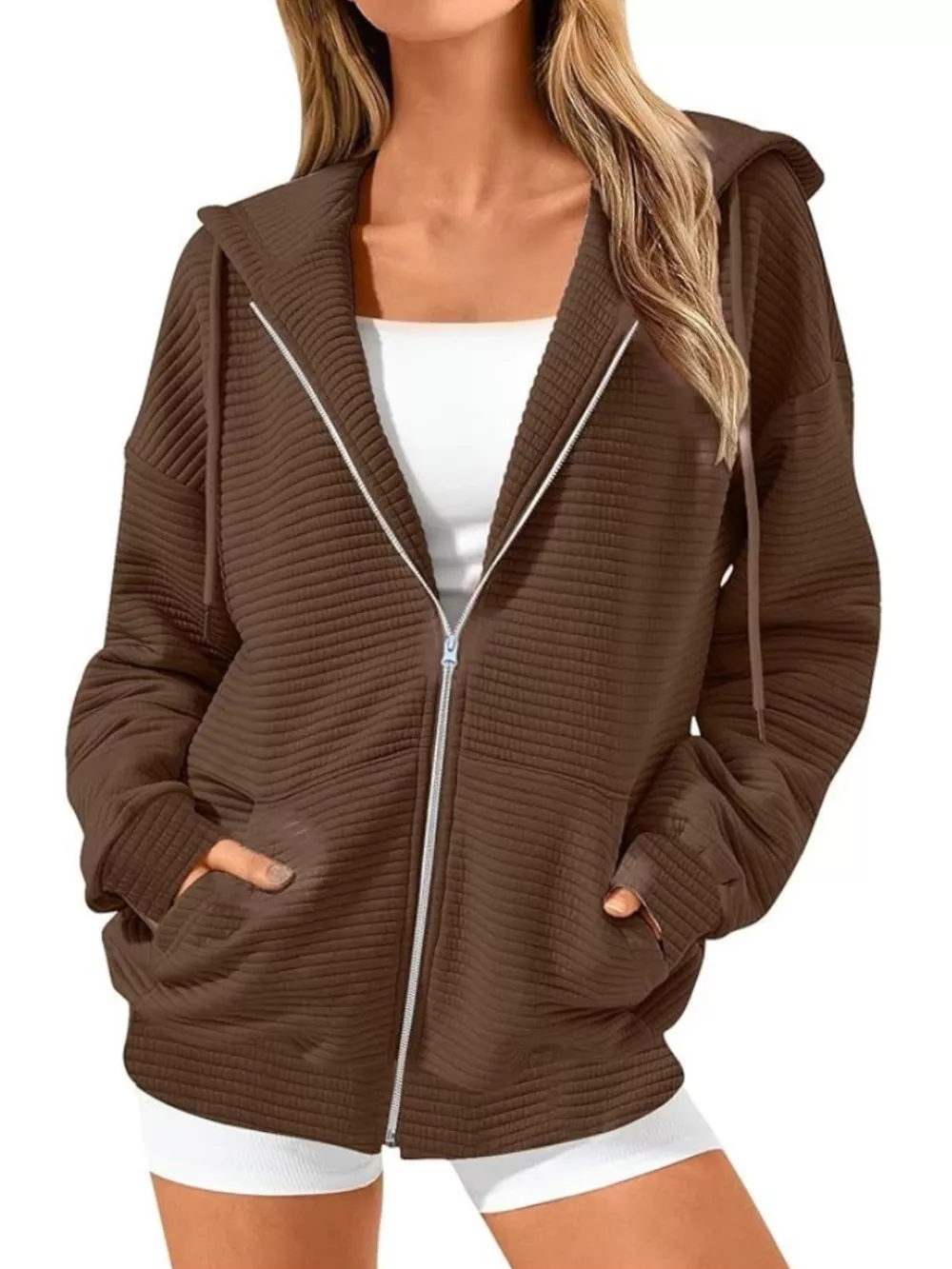 Drawstring Zip Up Dropped Shoulder Hoodie, image 8