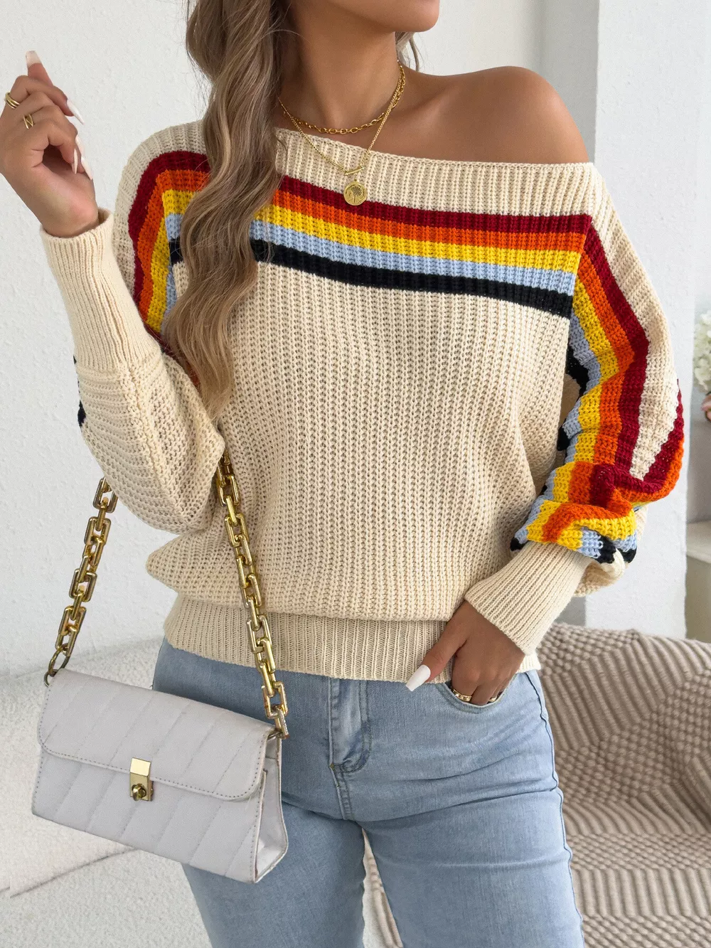Striped Knit Boat Neck Sweater, image 3