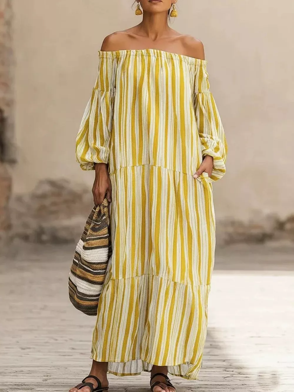 Off-Shoulder Striped Maxi Dress, image 7