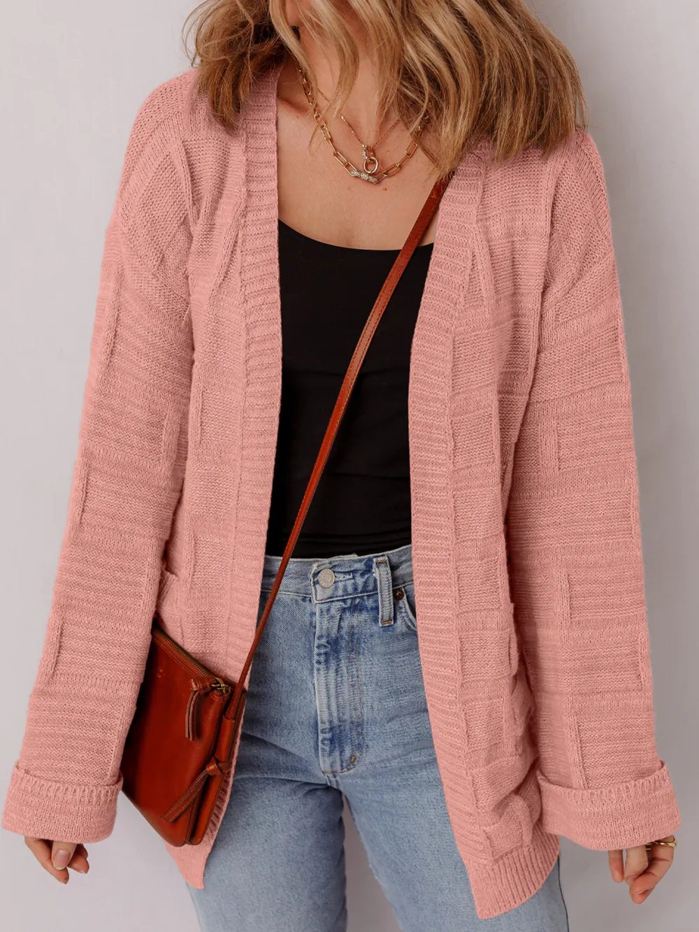 Textured Knit Open Front Cardigan with Pockets, image 18
