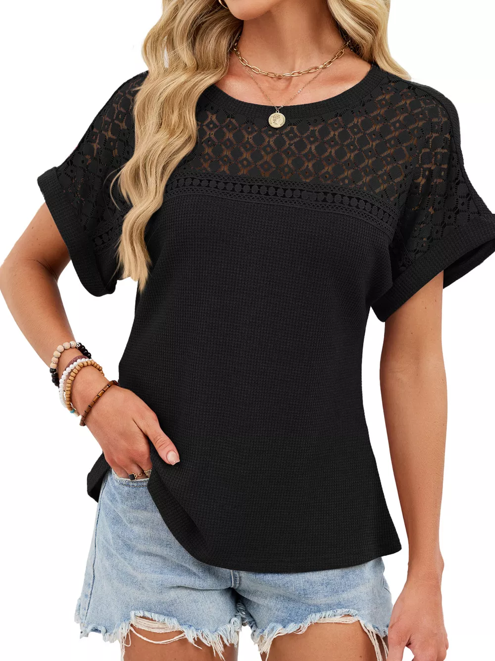 Lace-Trimmed Round Neck T-Shirt, image 11