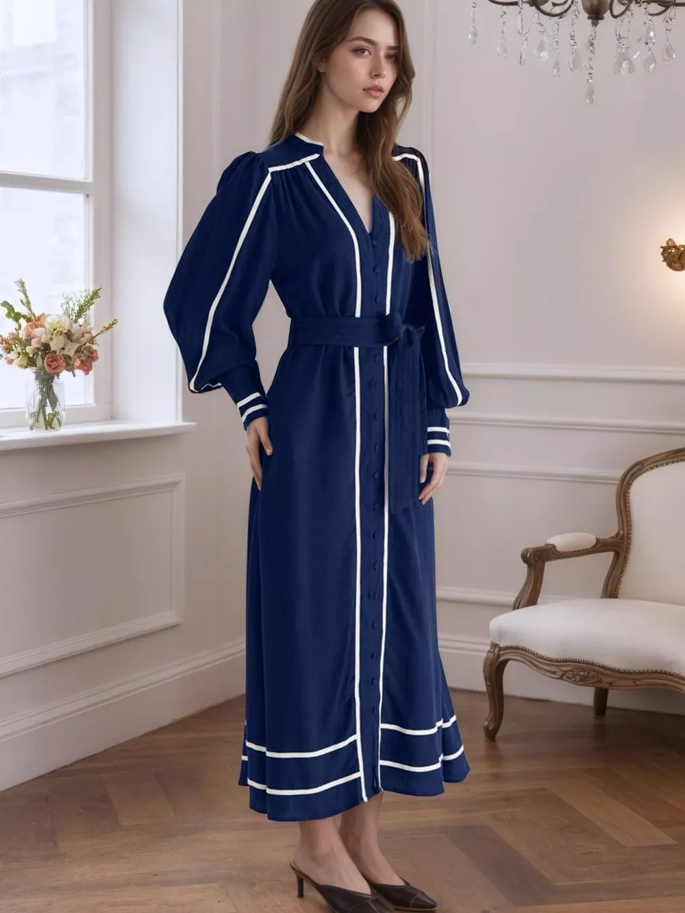 Notched Lantern Sleeve Dress, image 5