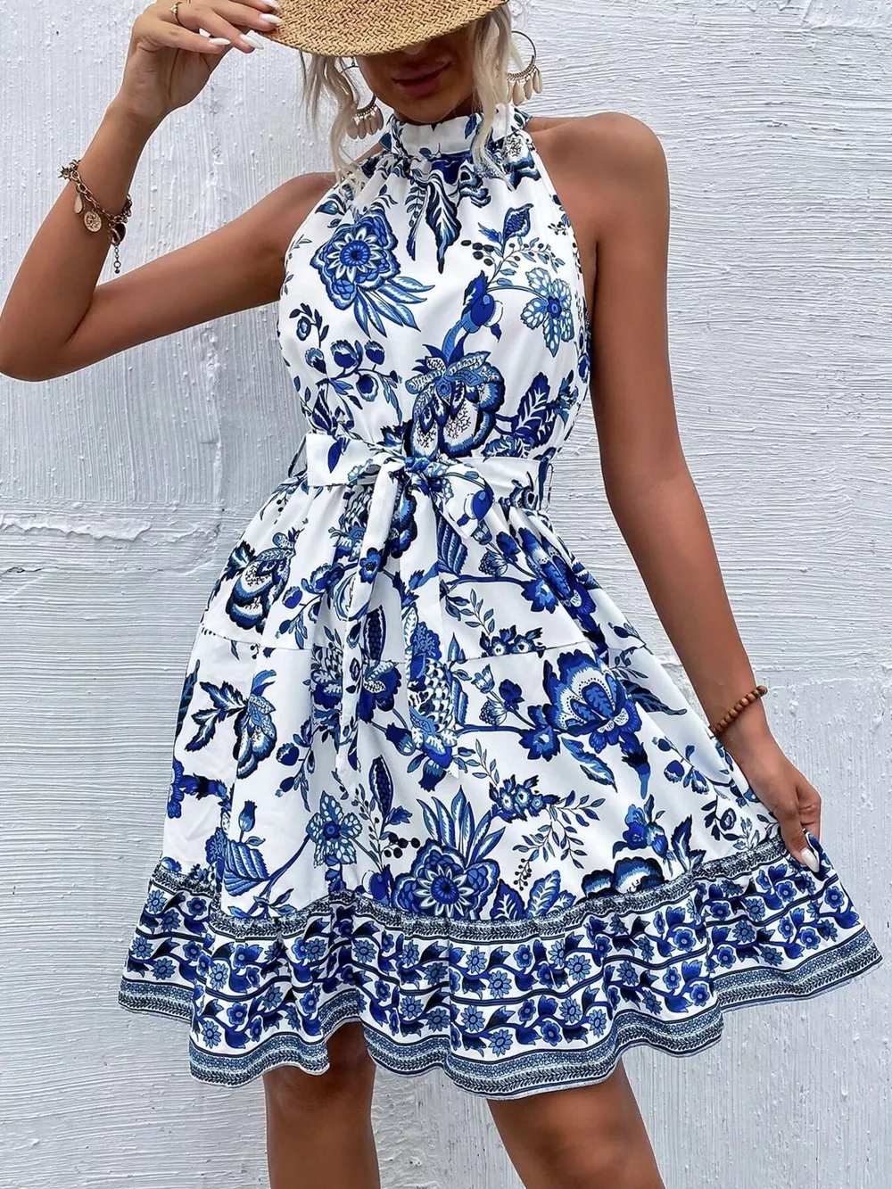 Printed Sleeveless Tie Waist Dress, image 3