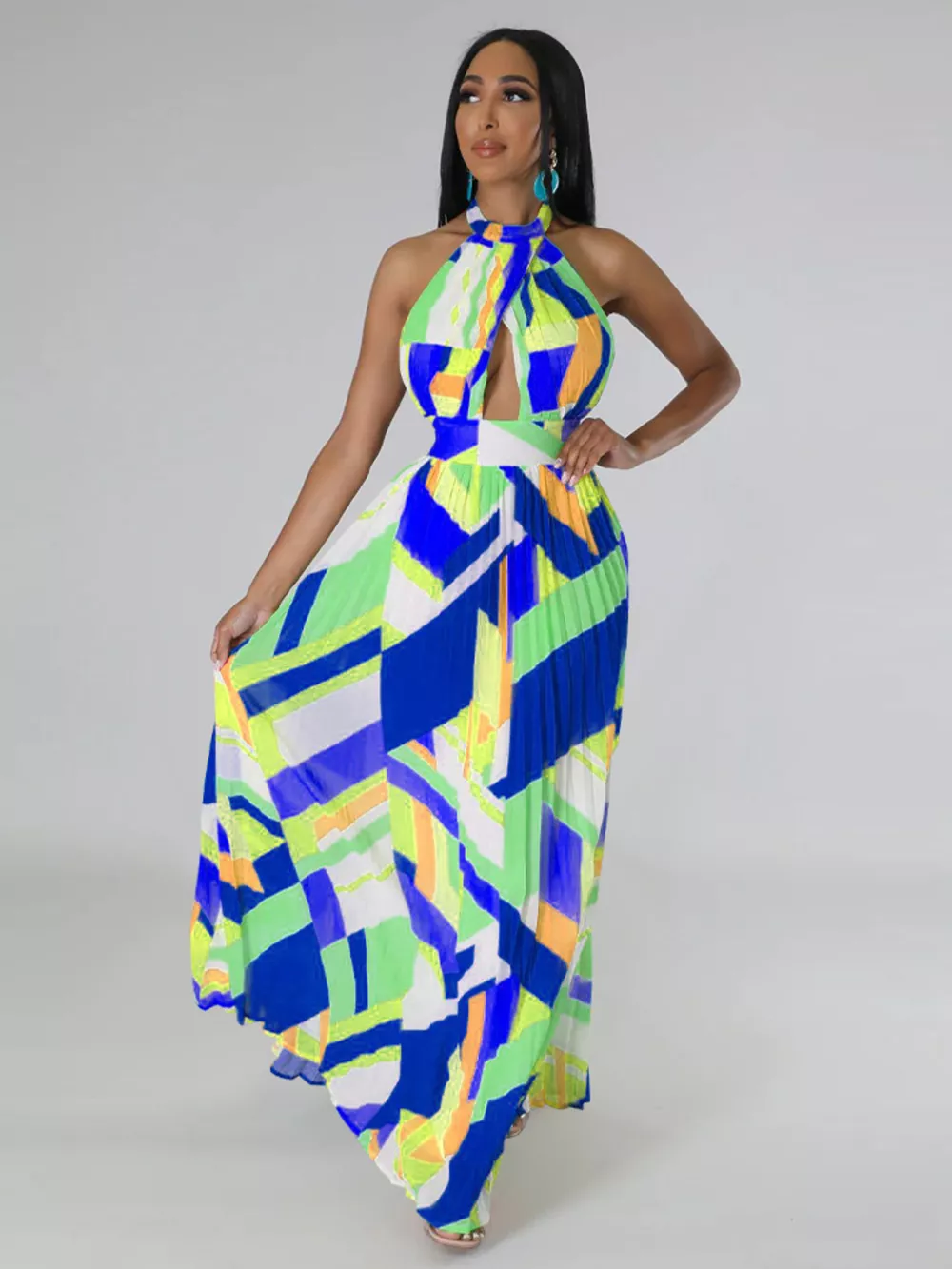 Halter Neck Geometric Print Pleated Maxi Dress, image 14