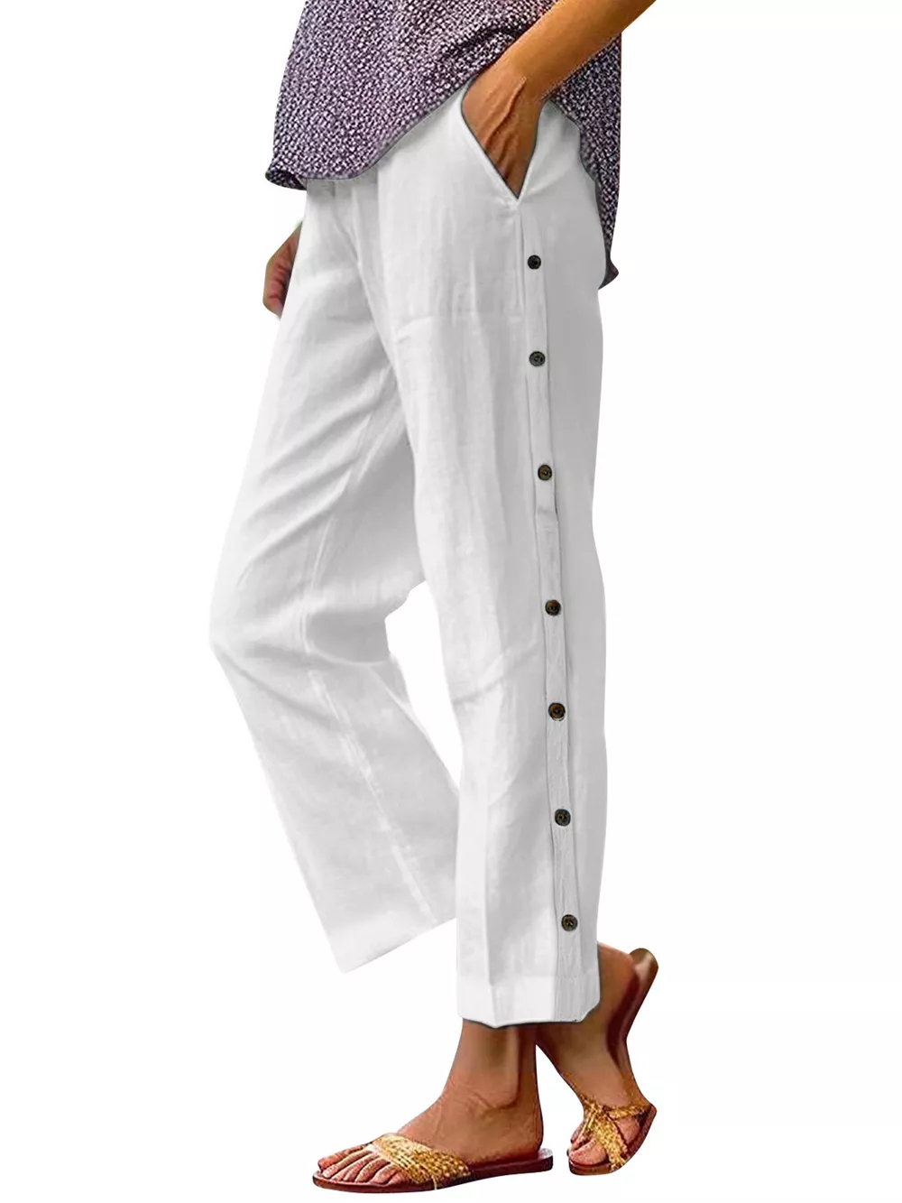 Full Size Side Button Decor Pants Plus Size, image 4