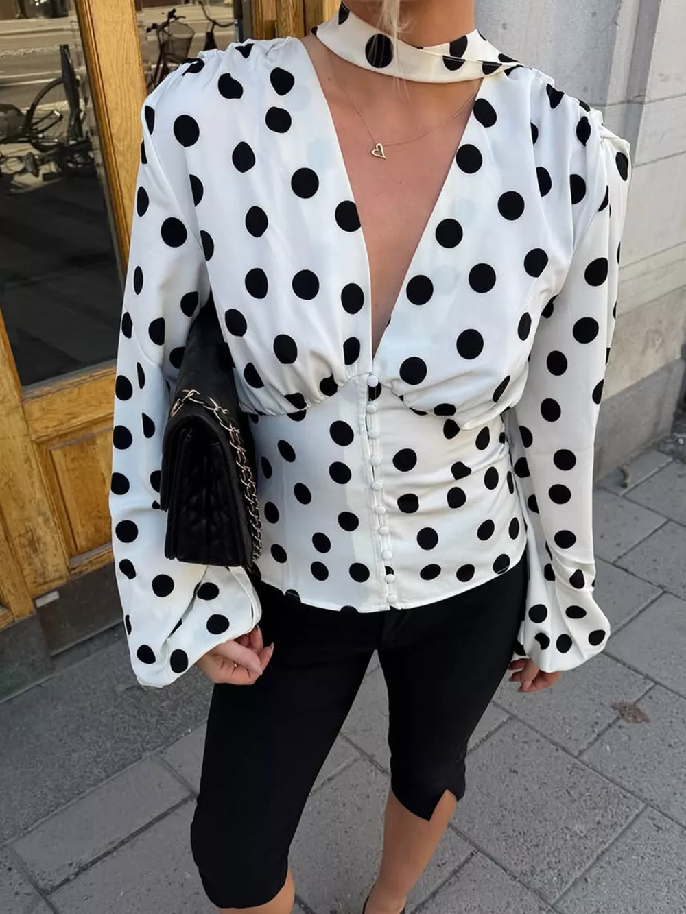 Polka Dot Balloon Sleeve Blouse