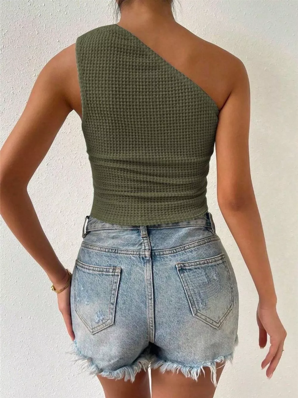 Asymmetrical One-Shoulder Waffle Knit Tank, image 4