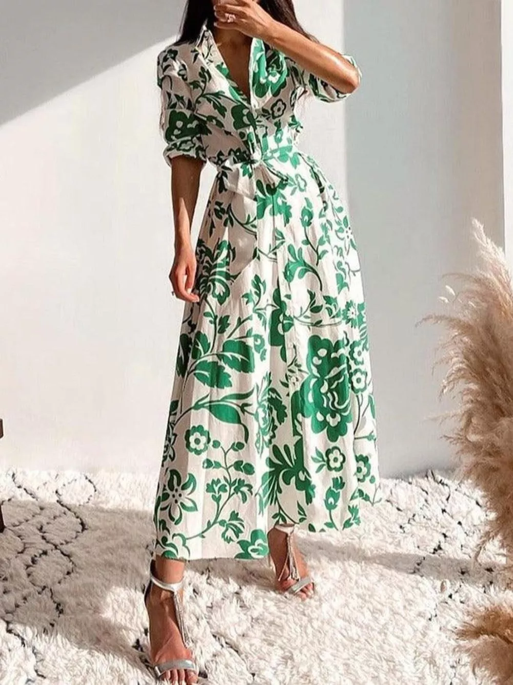 Elegant Floral Print Shirt Dress with Belt, image 3