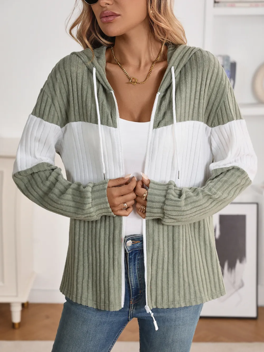 Drawstring Color Block Zip Up Outerwear, image 9