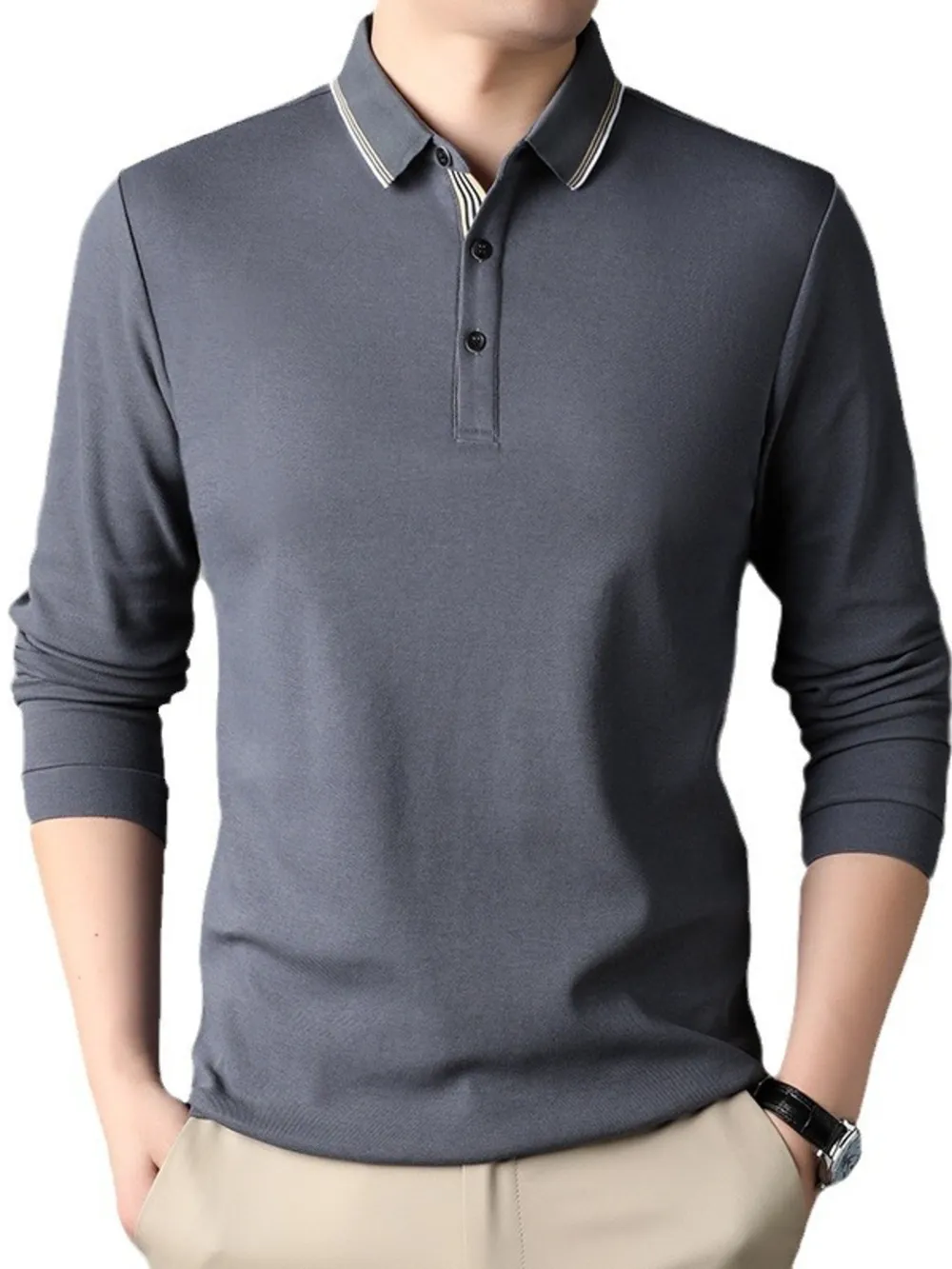 Men's Button Detail Long Sleeve Polo, image 3