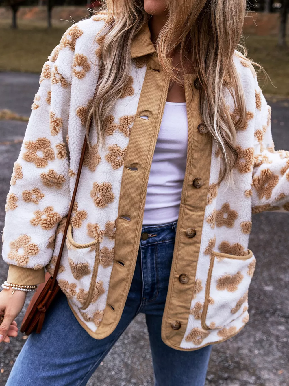 Flower Pattern Button Up Fleece Jacket, image 4