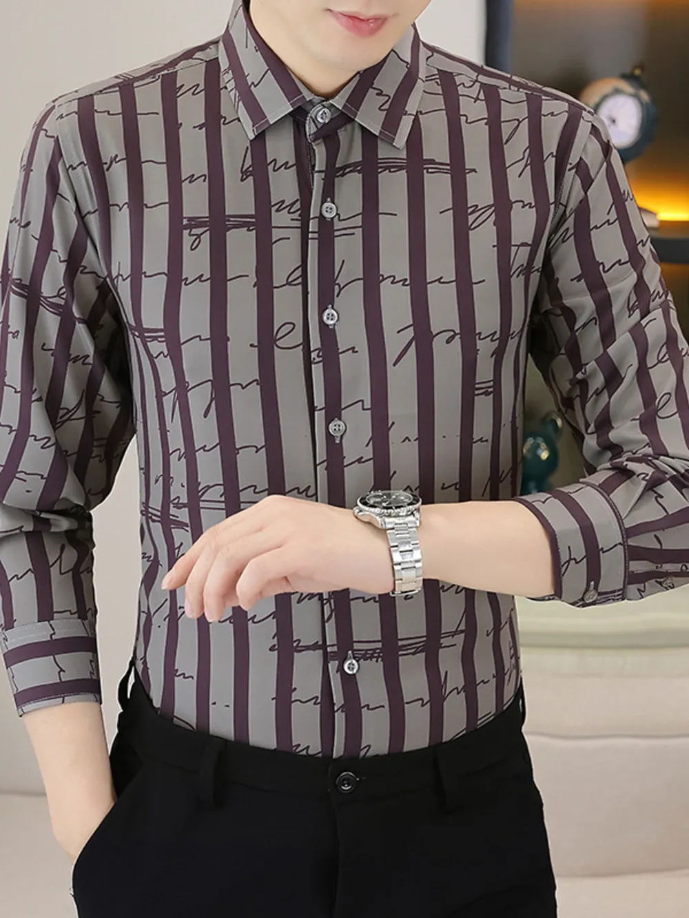 Men's Plus Size Striped Button Up Long Sleeve Shirt, image 4