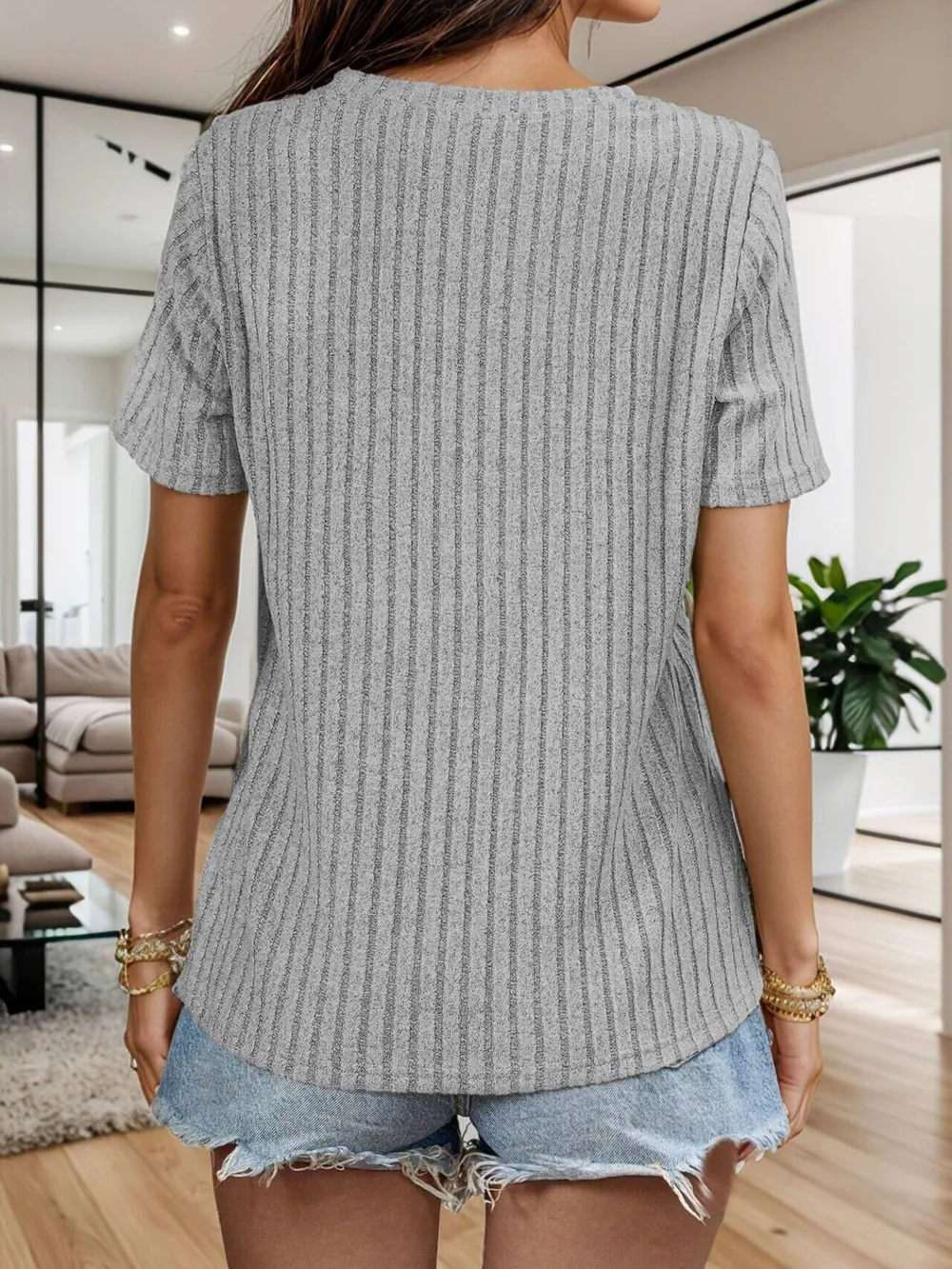 Casual Ribbed Button V-Neck Short Sleeve Top, image 2