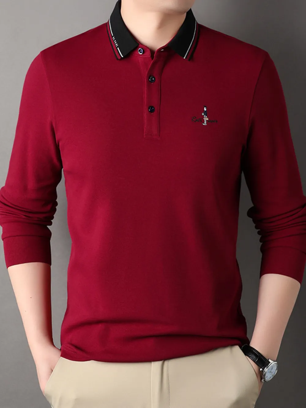 Men's Plus Size Button Detail Long Sleeve Polo, image 10
