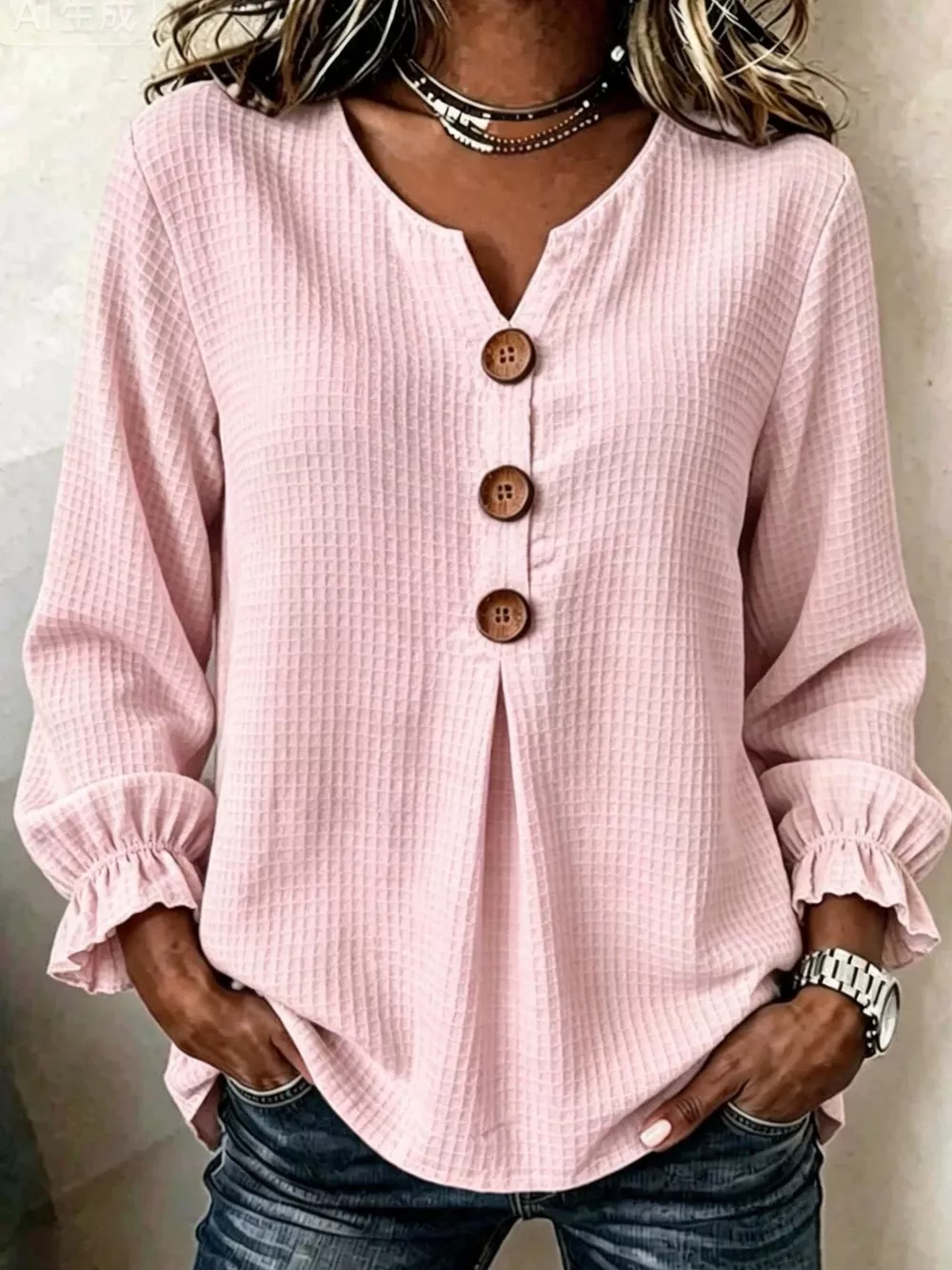 Full Size Waffle Knit Flounce Sleeve Blouse Plus Size, image 10