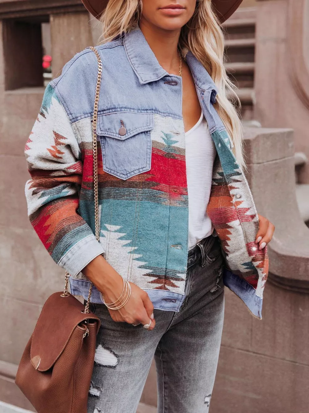 Geometric Print Denim Jacket, image 3