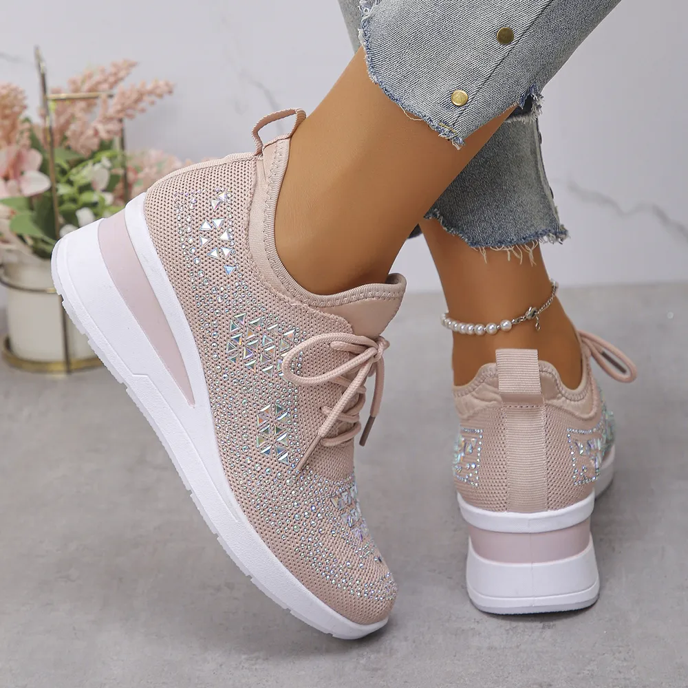 Breathable Mesh Rhinestone Wedge Athletic Sneakers, image 8
