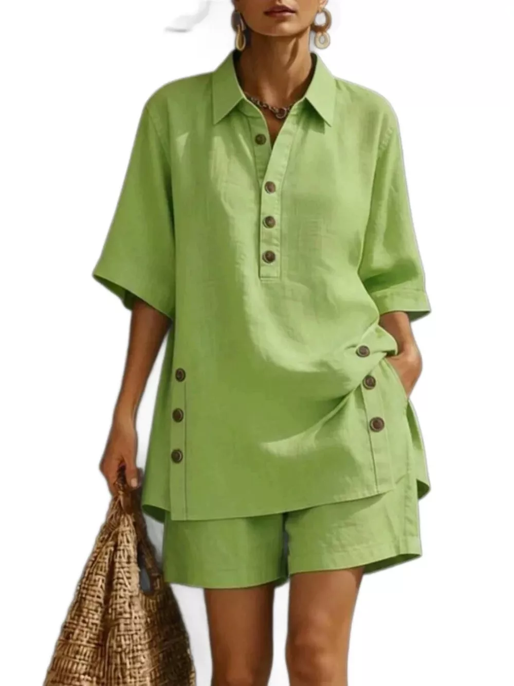 Full Size Casual Linen Button-Down Shirt & Shorts Set Plus Size, image 7