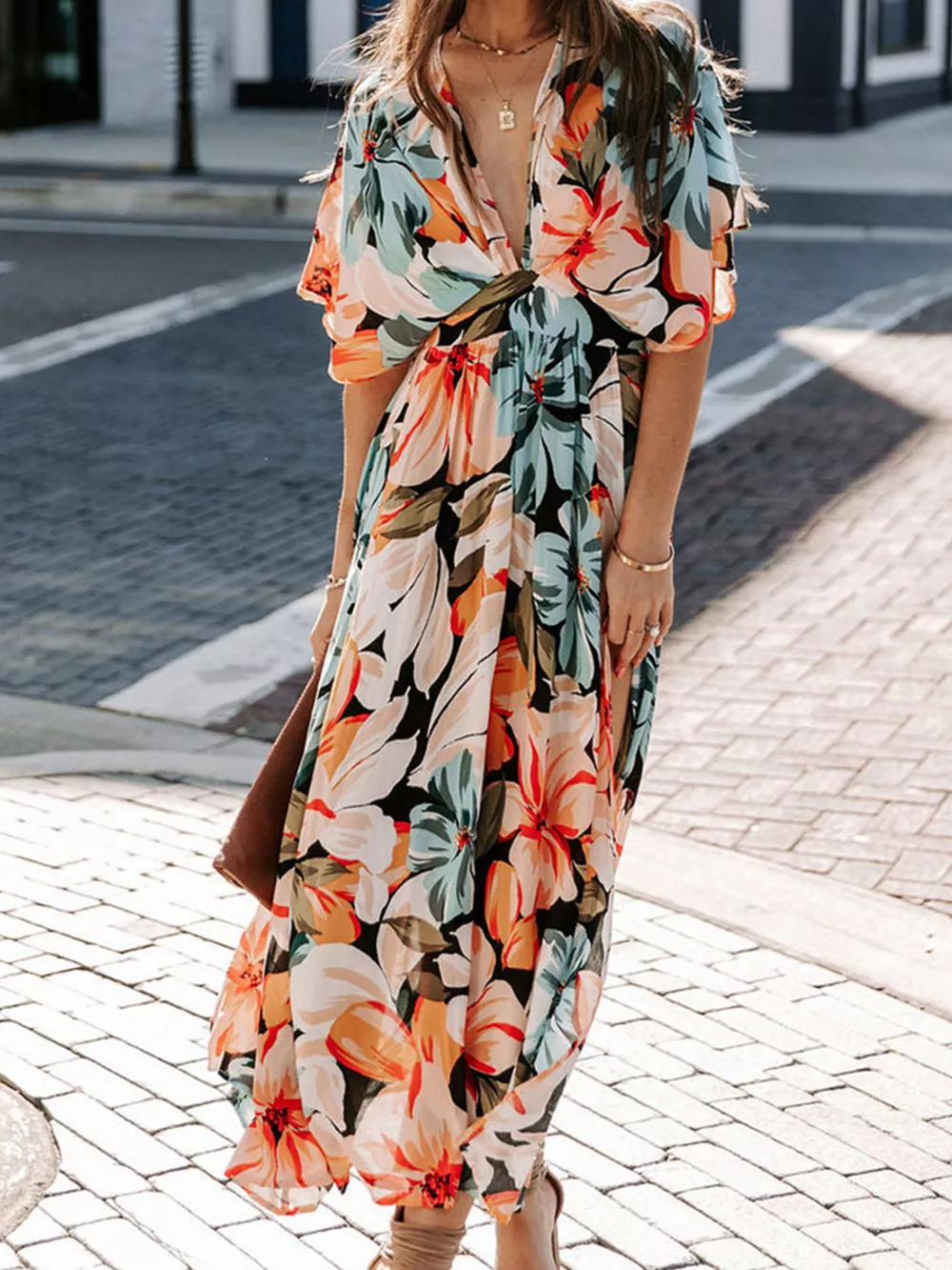 Floral Print V-Neck High Slit Maxi Dress, image 2