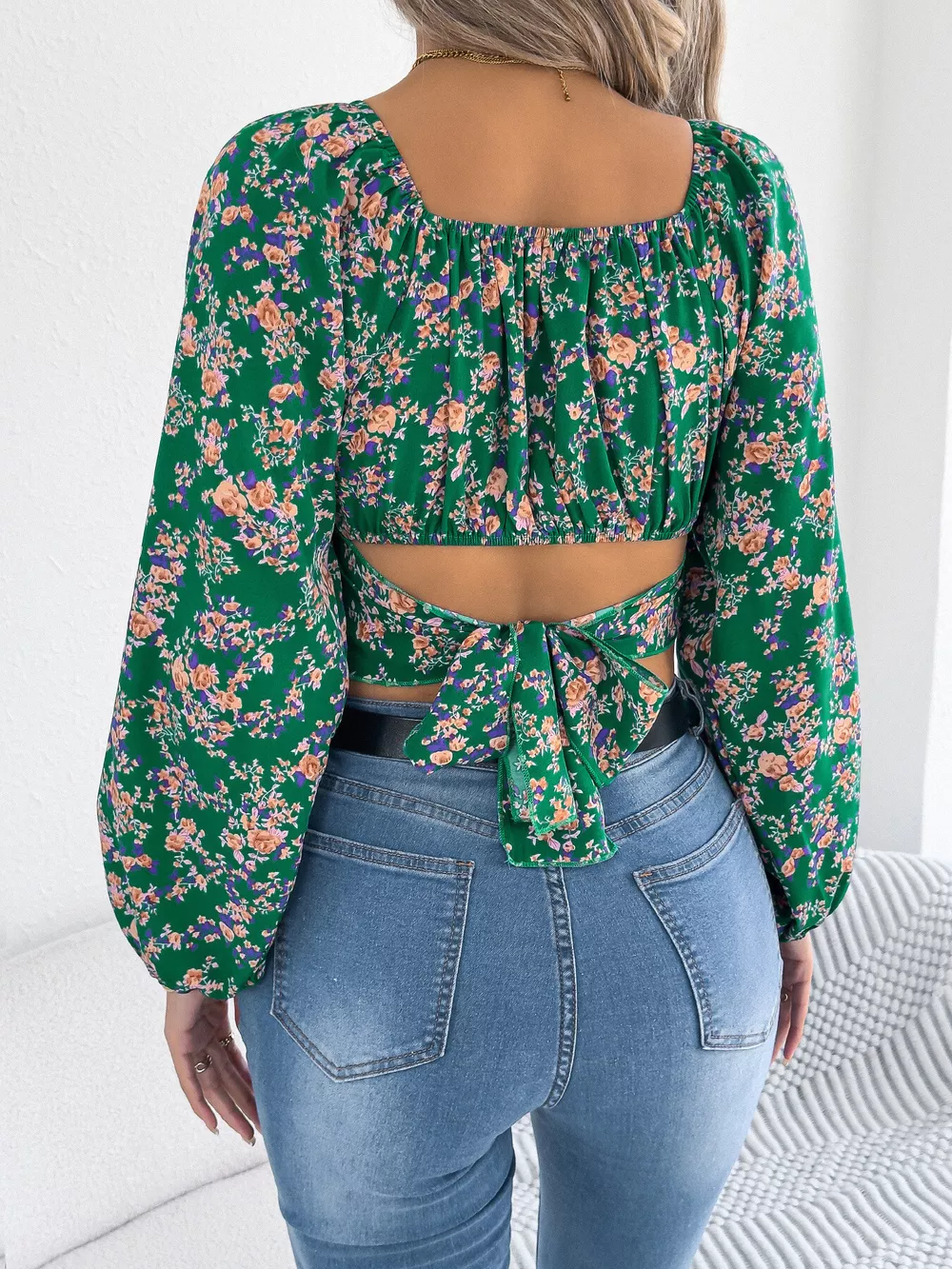 Floral Balloon Sleeve Square Neck Crop Blouse, image 13